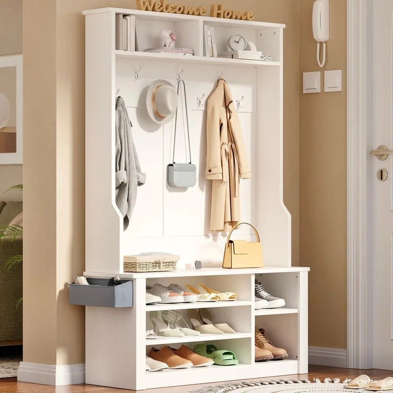 39.37 W Hall Tree, 3 in 1 Entryway Bench with Coat Rack and Shoe Storage