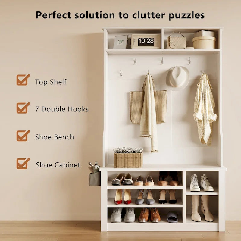 39.37 W Hall Tree, 3 in 1 Entryway Bench with Coat Rack and Shoe Storage