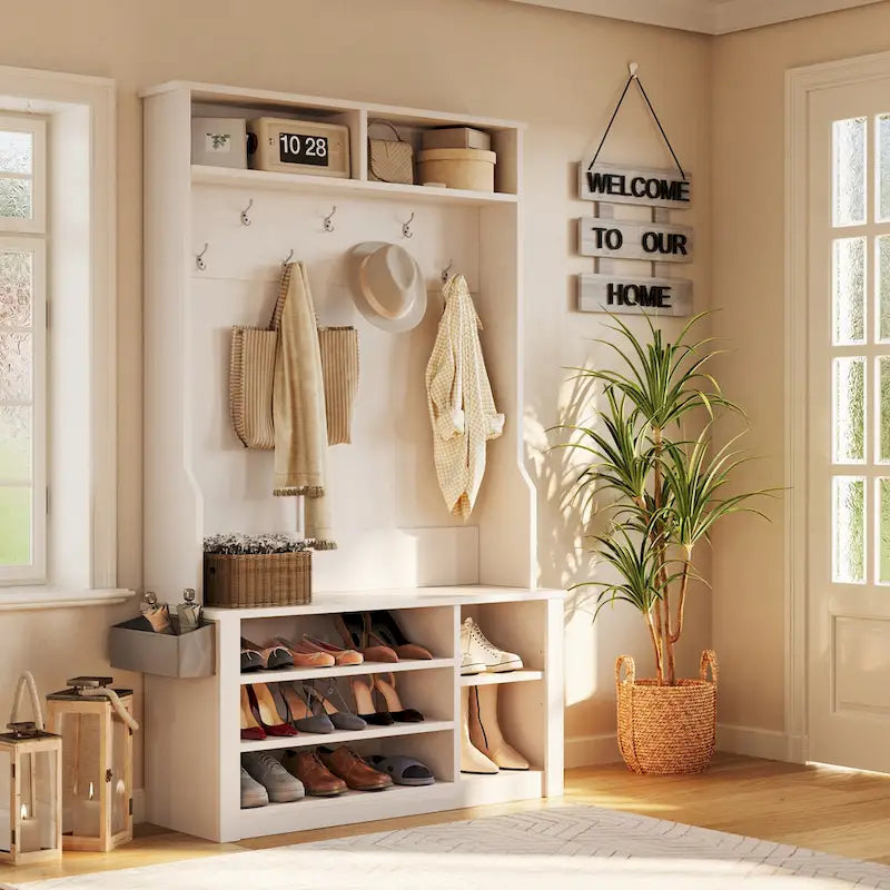 39.37 W Hall Tree, 3 in 1 Entryway Bench with Coat Rack and Shoe Storage