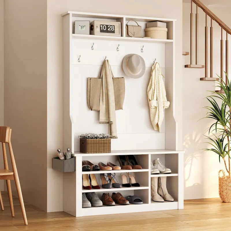 39.37 W Hall Tree, 3 in 1 Entryway Bench with Coat Rack and Shoe Storage