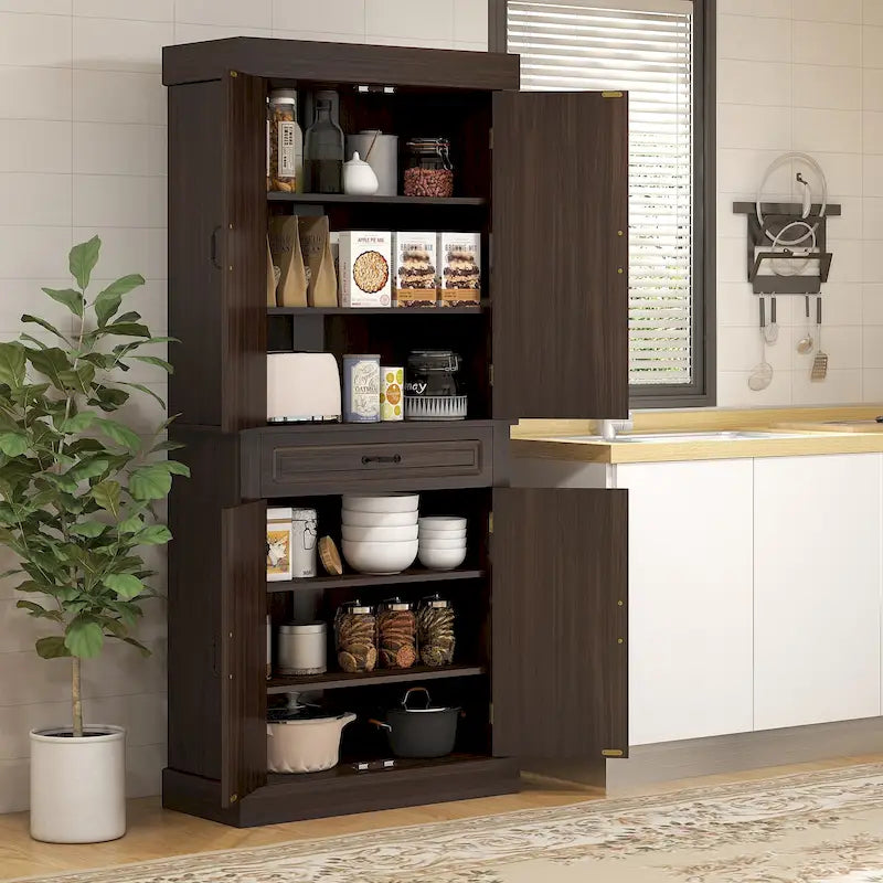 71 Freestanding Kitchen Pantry with 4 Doors, and 2 Large Cabinets, Tall Storage Cabinet with Wide Drawer for Dining Room