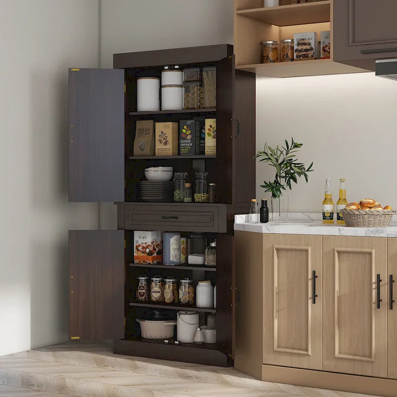 71 Freestanding Kitchen Pantry with 4 Doors, and 2 Large Cabinets, Tall Storage Cabinet with Wide Drawer for Dining Room
