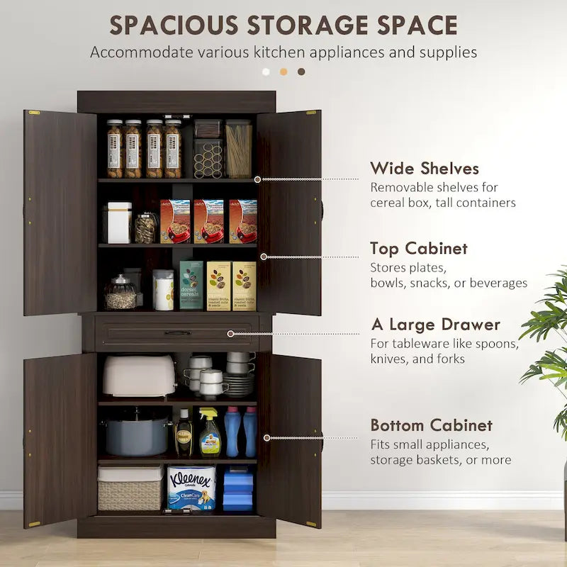 71 Freestanding Kitchen Pantry with 4 Doors, and 2 Large Cabinets, Tall Storage Cabinet with Wide Drawer for Dining Room