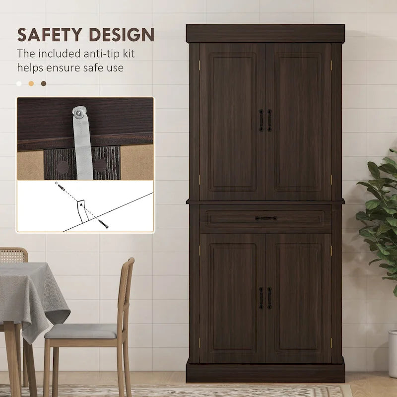 71 Freestanding Kitchen Pantry with 4 Doors, and 2 Large Cabinets, Tall Storage Cabinet with Wide Drawer for Dining Room