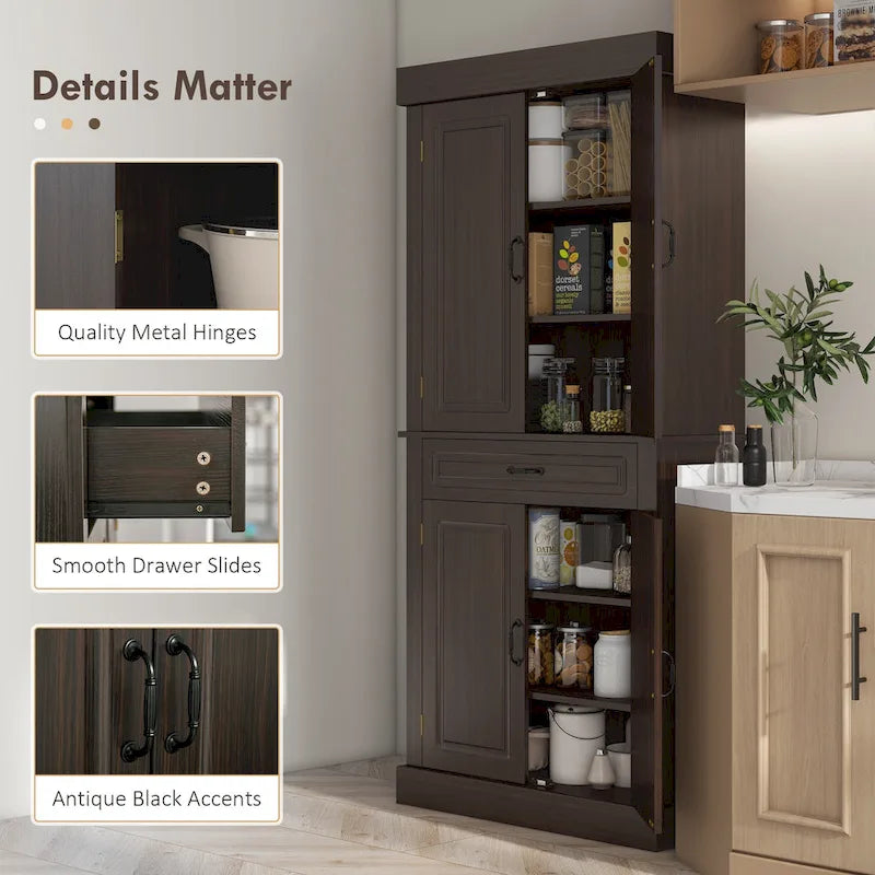 71 Freestanding Kitchen Pantry with 4 Doors, and 2 Large Cabinets, Tall Storage Cabinet with Wide Drawer for Dining Room