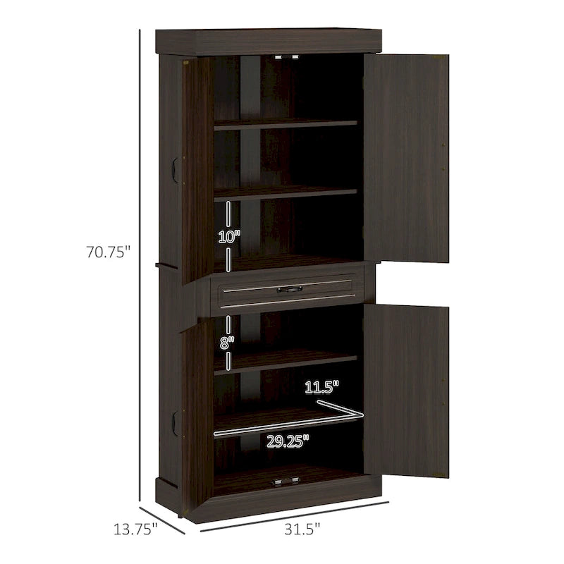 71 Freestanding Kitchen Pantry with 4 Doors, and 2 Large Cabinets, Tall Storage Cabinet with Wide Drawer for Dining Room