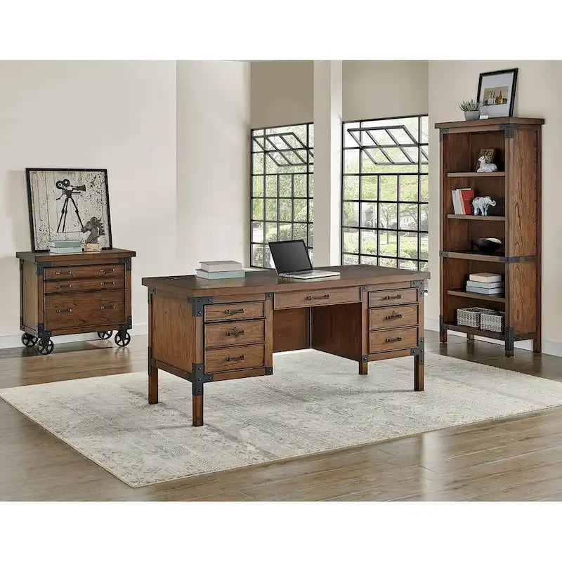Bibliothèque ouverte rustique avec roulettes en fer - 34"L x 72"H x 15"P