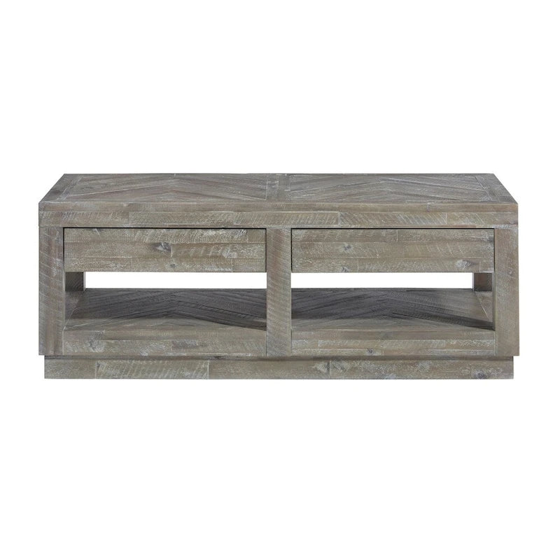 Table basse à deux tiroirs et étagère inférieure avec base aplatie, gris latte rustique