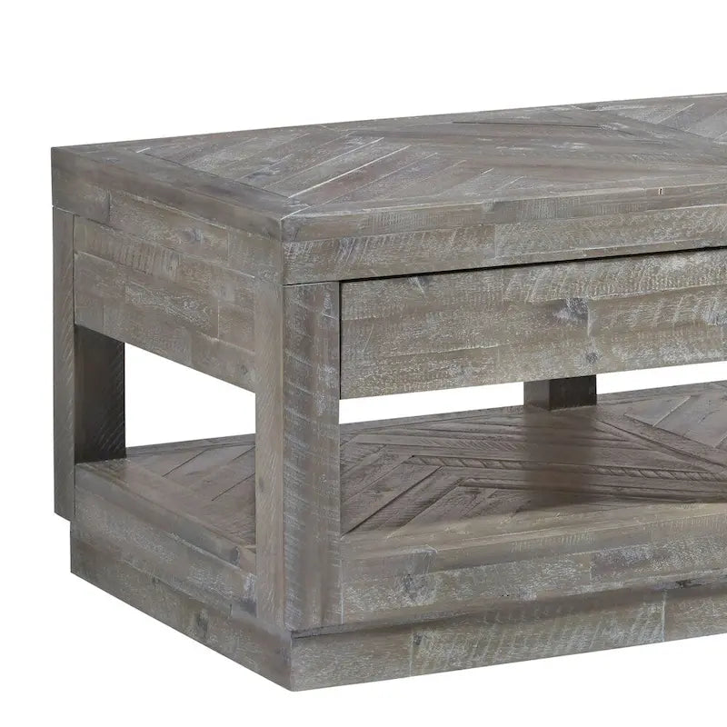 Table basse à deux tiroirs et étagère inférieure avec base aplatie, gris latte rustique