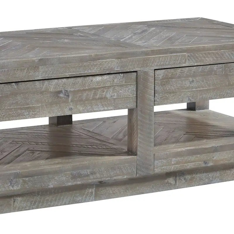 Table basse à deux tiroirs et étagère inférieure avec base aplatie, gris latte rustique