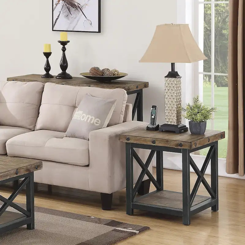 Brown Wood End Table, Rustic Industrial Style - 21"x 23"x 25"