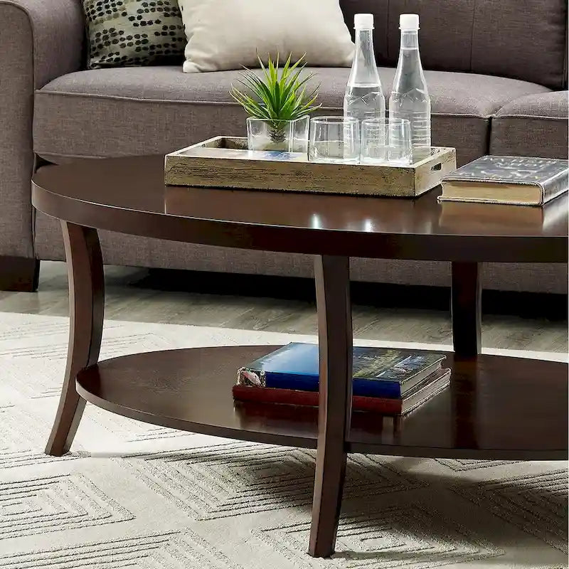 Table basse ovale en bois avec étagère