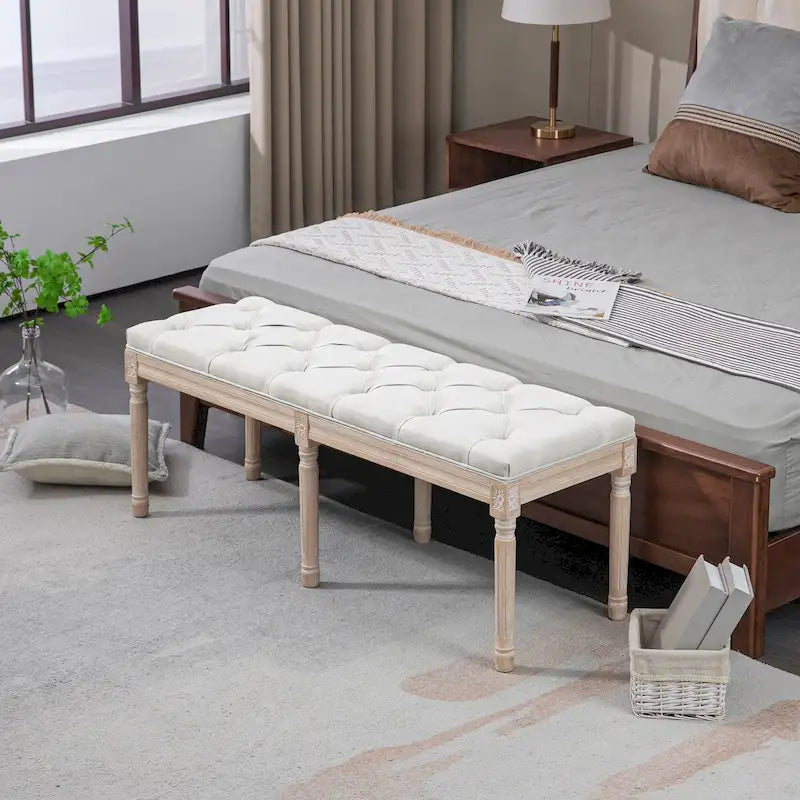 46" Upholstered Cream White End of Bed Bench, Button Tufted