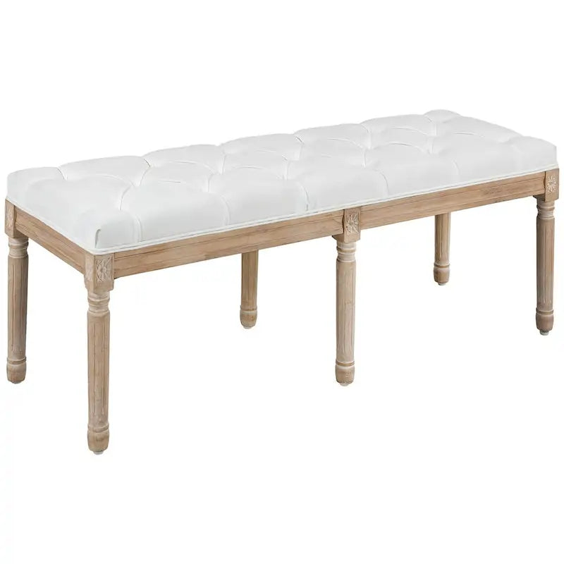 46" Upholstered Cream White End of Bed Bench, Button Tufted