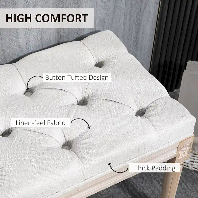 46" Upholstered Cream White End of Bed Bench, Button Tufted