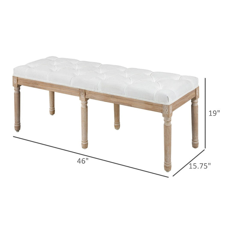 46" Upholstered Cream White End of Bed Bench, Button Tufted