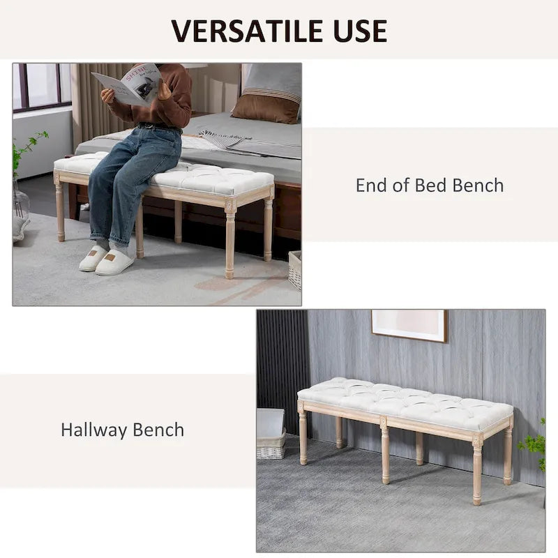 46" Upholstered Cream White End of Bed Bench, Button Tufted