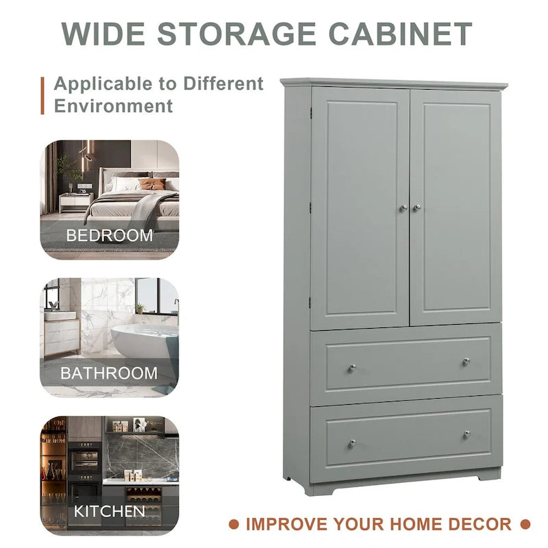Bathroom Storage Cabinet Tall Floor Storage Cabinet with Two Doors and Drawers, Adjustable Shelf