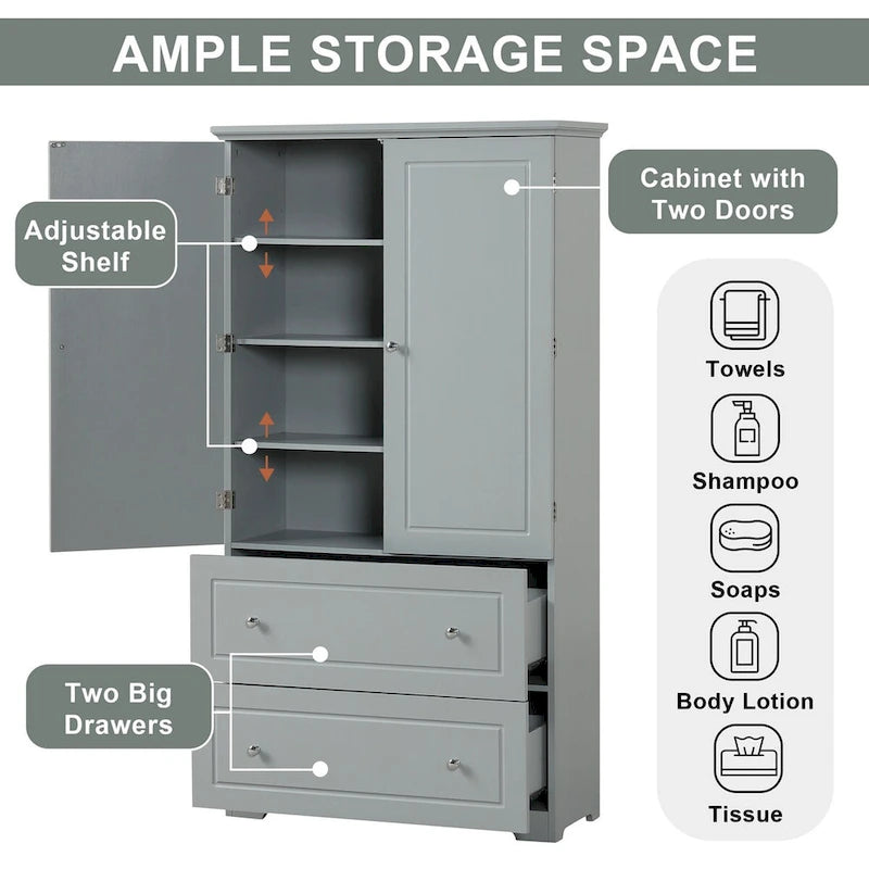 Bathroom Storage Cabinet Tall Floor Storage Cabinet with Two Doors and Drawers, Adjustable Shelf