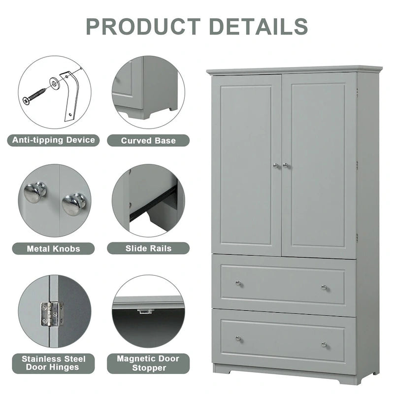 Bathroom Storage Cabinet Tall Floor Storage Cabinet with Two Doors and Drawers, Adjustable Shelf