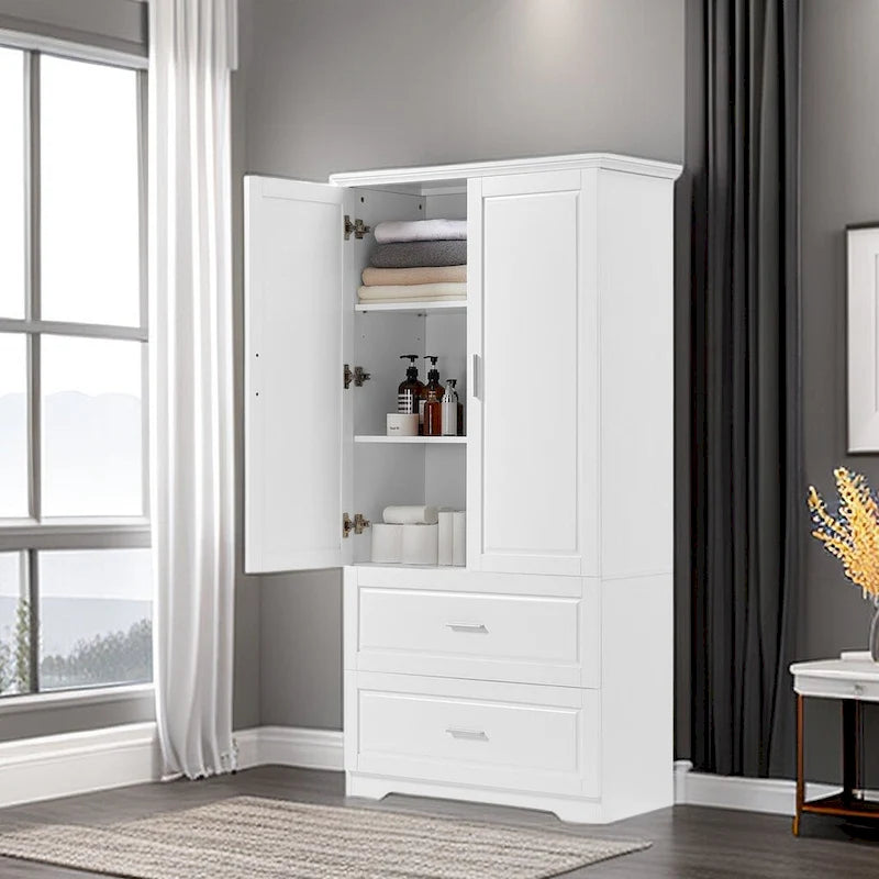 Bathroom Storage Cabinet Tall Floor Storage Cabinet with Two Doors and Drawers, Adjustable Shelf