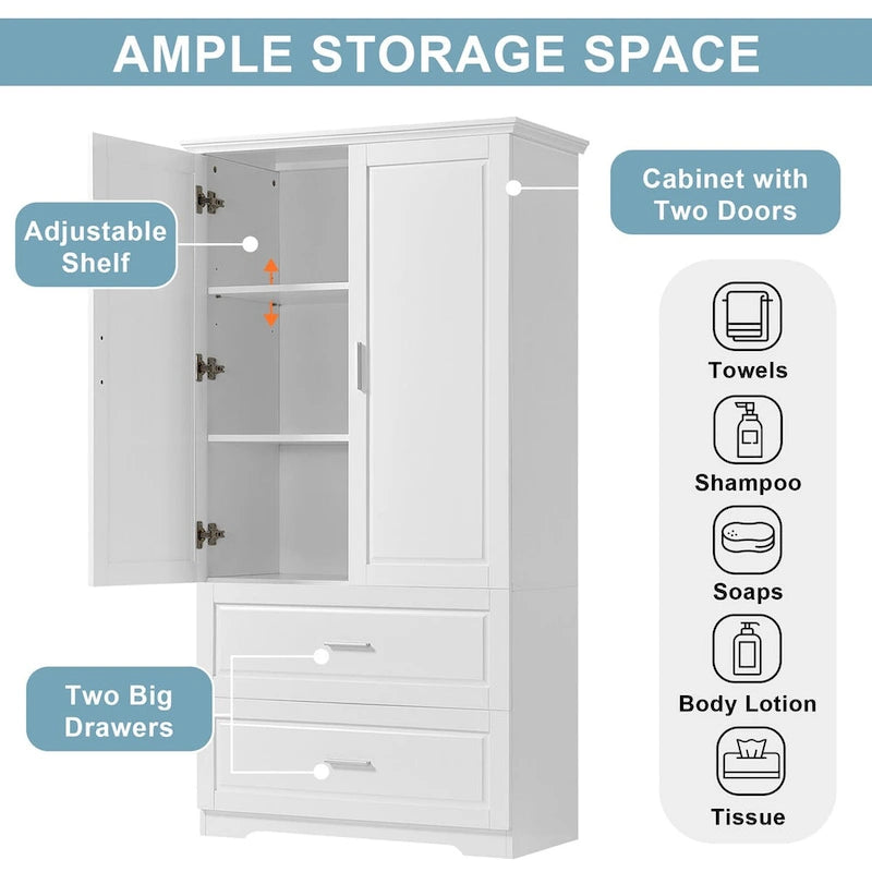 Bathroom Storage Cabinet Tall Floor Storage Cabinet with Two Doors and Drawers, Adjustable Shelf