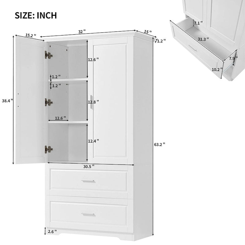 Bathroom Storage Cabinet Tall Floor Storage Cabinet with Two Doors and Drawers, Adjustable Shelf