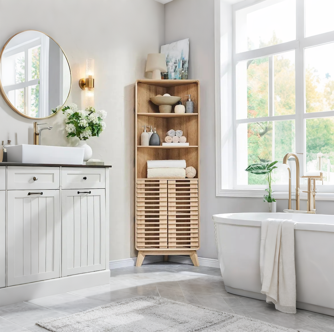 Armoire d'angle haute avec porte à lattes, meuble de salle de bain mi-siècle, 68